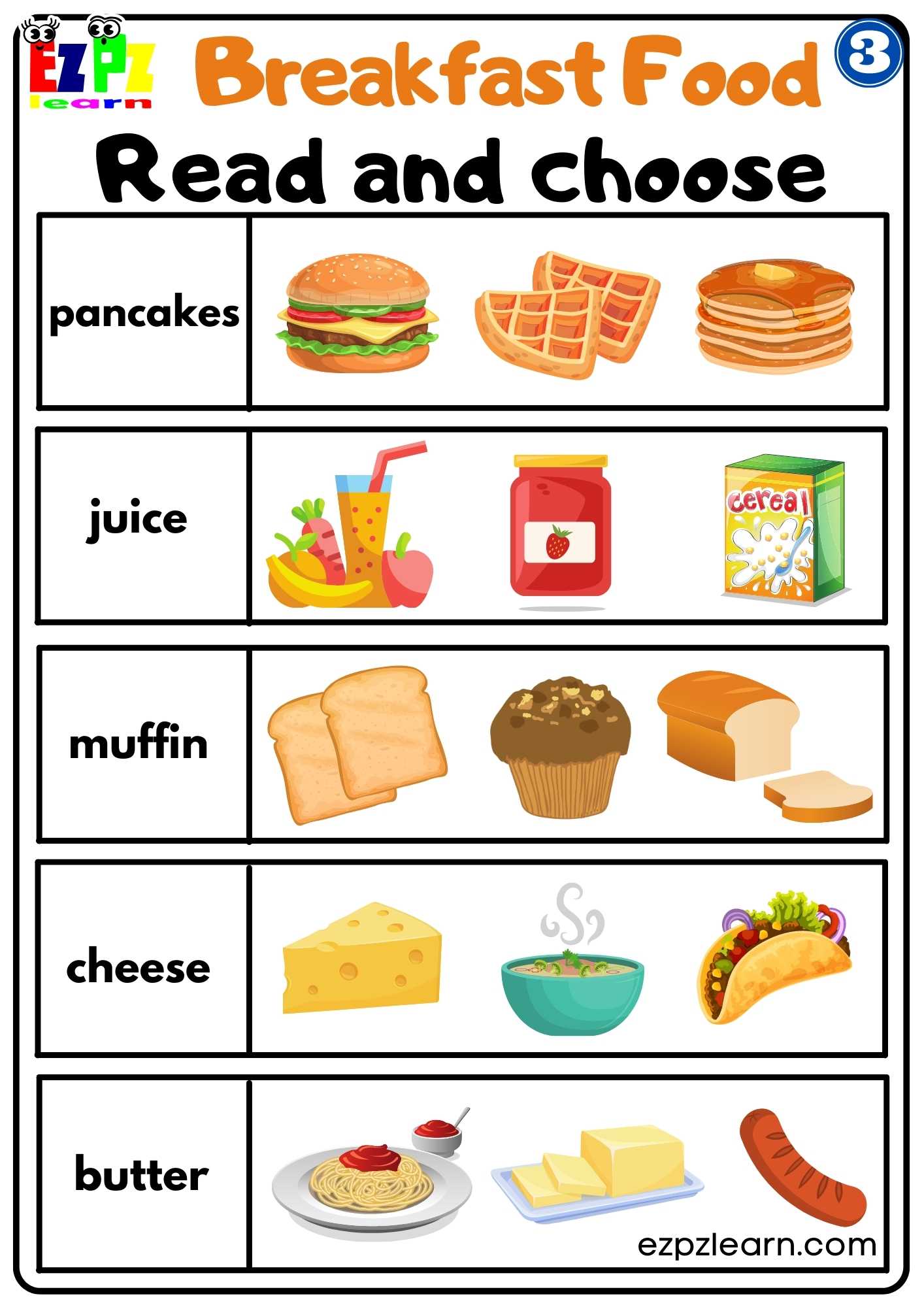 Group 3 Breakfast Food Vocabulary Read and Choose Worksheet for ESL and